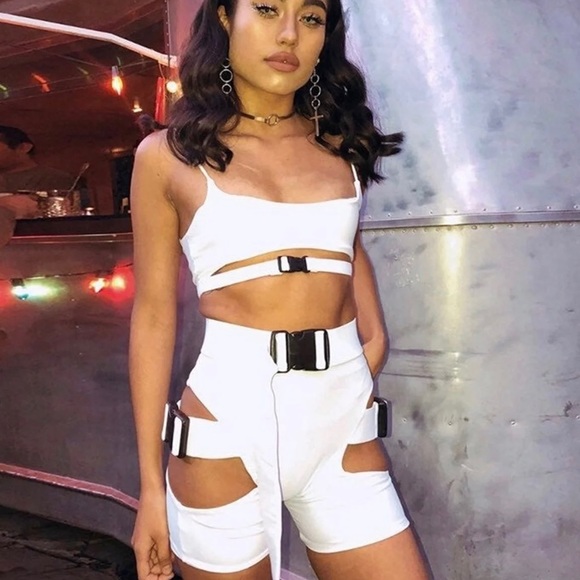Shorts | Rave Outfit White Buckle Biker 